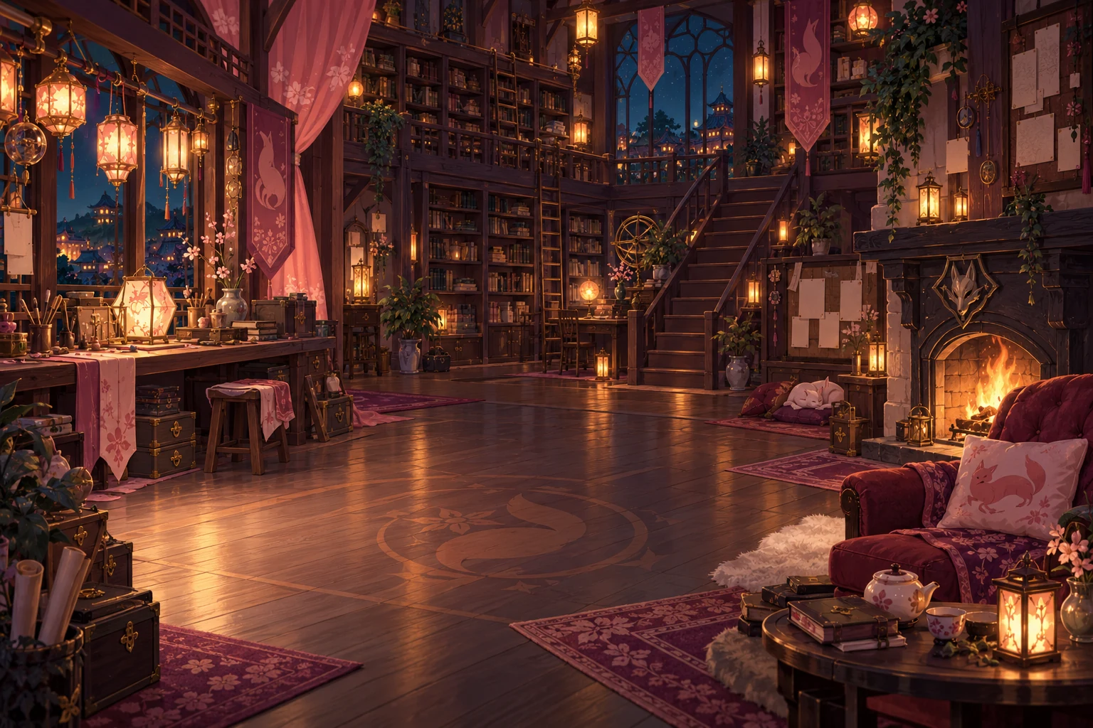 A lantern-lit guild interior beneath the night sky